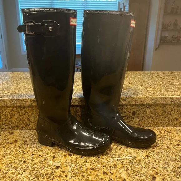 Hunter Rainboots Original Tall Gloss Rain Boot Wellies women's sz 8 Black - Picture 6 of 13